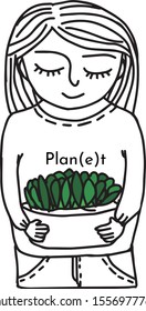 Hand drawn art vector is in concept of peace of plant for planet. Black and white isolated Illustration shows a woman or girl holding a green plant pot or organic vegetable in her garden with care. 