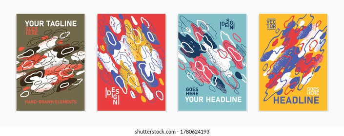 Hand drawn art vector covers abstract backgrounds set, artistic graphic design brochures flyers or booklets, advertising colorful posters, grunge textured abstraction shapes templates collection.
