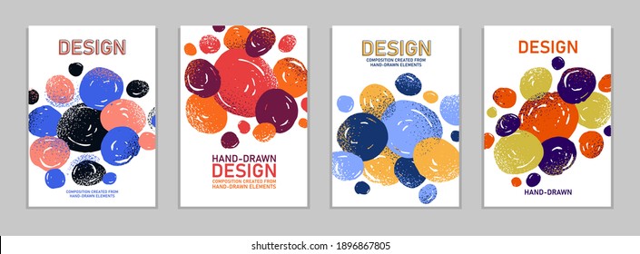 El vector de arte dibujado a mano cubre círculos de fondo abstracto, folletos o folletos de diseño gráfico artístico, afiches positivos coloridos, abstracción texturizada divertida y linda.