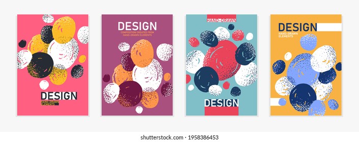 Hand drawn art vector covers circles abstract backgrounds set, artistic graphic design brochures flyers or booklets, advertising colorful positive posters, textured abstraction funny and cute.