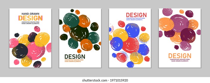 Hand drawn art vector covers circles abstract backgrounds set, artistic graphic design brochures flyers or booklets, advertising colorful positive posters, textured abstraction funny and cute.
