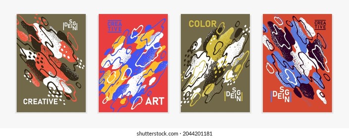 Hand drawn art vector covers abstract backgrounds set, artistic graphic design brochures flyers or booklets, advertising colorful posters, grunge textured abstraction shapes templates collection.