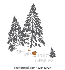 Hand Drawn Art Vector Illustration Merry Christmas Greeting Card Winter Trees in Snow and a Dog