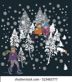 Hand Drawn Art Vector Illustration Merry Christmas Greeting Card Cute couple in Winter Trees in Snow and a Ice-skater Boy