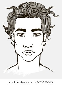 Hand drawn art of a young man in a hipster style. For fashion illustration, coloring book, art. Isolated vector illustration.