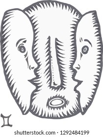 Hand drawn  art of zodiac gemini (style of ancient engravings).  Ethnic design, mystic horoscope symbol for your use. Ideal for tattoo art and books.  3 Sign of the astrological gemini.  