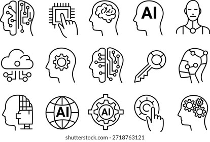 Hand Drawn Artificial Intelligence and Human Brain Line Icons Set for Technology Innovation