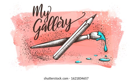 Hand drawn artist brush and pencil for drawing on watercolor painted banner shape background. Artistic gallery album paper art concept with blue paint drops and splashes. Eps10 vector illustration.