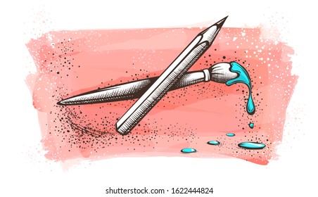 Hand drawn artist brush and pencil for drawing on watercolor painted banner shape background. Artistic gallery album paper art concept with blue paint drops and splashes. Eps10 vector illustration.