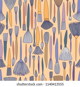 Hand Drawn Artist Brushes Seamless Pattern on Orange, Back to School Wallpaper