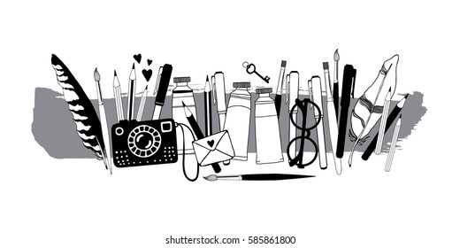 Hand drawn artist stuff on ink background. Black and white vector illustration