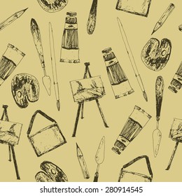 hand drawn artist stuff seamless pattern