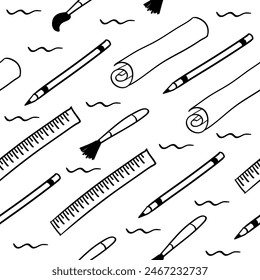 hand drawn Artist tools seamless pattern in doodle style