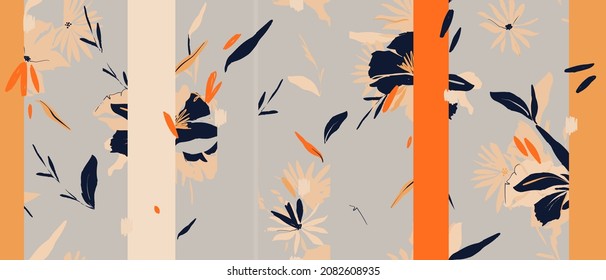 Hand drawn artistic abstract floral striped print. Creative collage pattern. Fashionable template for design.