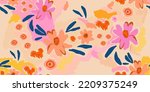 Hand drawn artistic abstract flowers and leaves print. Cute modern style pattern. Fashionable template for design.