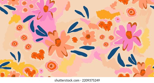 Hand drawn artistic abstract flowers and leaves print. Cute modern style pattern. Fashionable template for design.