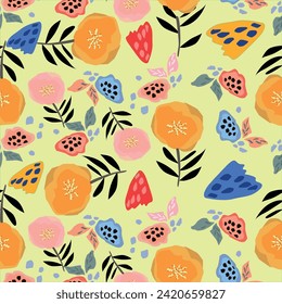 Hand drawn artistic abstract flowers and leaves print. Cute modern style pattern.