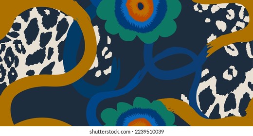 Hand drawn artistic abstract pattern with leopard skin and flowers. Ethnic style collage contemporary print. Fashionable template for design.