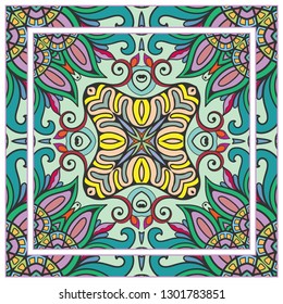  Hand drawn artistic background. Seamless pattern with ornate frame border, doodle floral ornament. Bandana shawl, tablecloth fabric print, silk neck scarf, kerchief design. Vector illustration