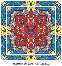  Hand drawn artistic background. Seamless pattern with ornate frame border, doodle floral ornament. Bandana shawl, tablecloth fabric print, silk neck scarf, kerchief design. Vector illustration