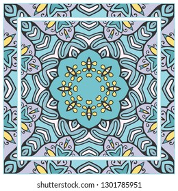  Hand drawn artistic background. Seamless pattern with ornate frame border, doodle floral ornament. Bandana shawl, tablecloth fabric print, silk neck scarf, kerchief design. Vector illustration