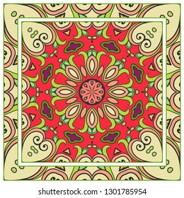  Hand drawn artistic background. Seamless pattern with ornate frame border, doodle floral ornament. Bandana shawl, tablecloth fabric print, silk neck scarf, kerchief design. Vector illustration