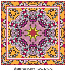  Hand drawn artistic background. Seamless pattern with ornate frame border, doodle floral ornament. Bandana shawl, tablecloth fabric print, silk neck scarf, kerchief design. Vector illustration