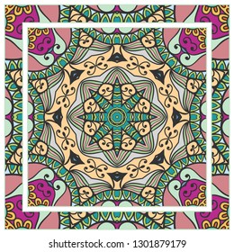  Hand drawn artistic background. Seamless pattern with ornate frame border, doodle floral ornament. Bandana shawl, tablecloth fabric print, silk neck scarf, kerchief design. Vector illustration