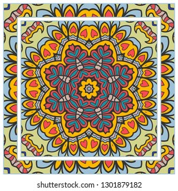  Hand drawn artistic background. Seamless pattern with ornate frame border, doodle floral ornament. Bandana shawl, tablecloth fabric print, silk neck scarf, kerchief design. Vector illustration