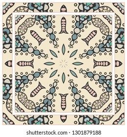  Hand drawn artistic background. Seamless pattern with ornate frame border, doodle floral ornament. Bandana shawl, tablecloth fabric print, silk neck scarf, kerchief design. Vector illustration