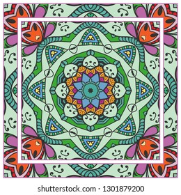  Hand drawn artistic background. Seamless pattern with ornate frame border, doodle floral ornament. Bandana shawl, tablecloth fabric print, silk neck scarf, kerchief design. Vector illustration