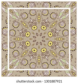  Hand drawn artistic background. Seamless pattern with ornate frame border, doodle floral ornament. Bandana shawl, tablecloth fabric print, silk neck scarf, kerchief design. Vector illustration