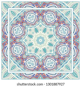  Hand drawn artistic background. Seamless pattern with ornate frame border, doodle floral ornament. Bandana shawl, tablecloth fabric print, silk neck scarf, kerchief design. Vector illustration