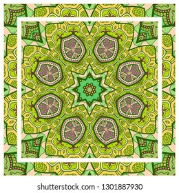 Hand drawn artistic background. Seamless pattern with ornate frame border, doodle floral ornament. Bandana shawl, tablecloth fabric print, silk neck scarf, kerchief design. Vector illustration