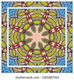  Hand drawn artistic background. Seamless pattern with ornate frame border, doodle floral ornament. Bandana shawl, tablecloth fabric print, silk neck scarf, kerchief design. Vector illustration