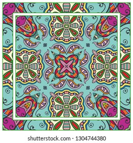  Hand drawn artistic background. Seamless pattern with ornate frame border, doodle floral ornament. Bandana shawl, tablecloth fabric print, silk neck scarf, kerchief design. Vector illustration