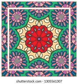  Hand drawn artistic background. Seamless pattern with ornate frame border, doodle floral ornament. Bandana shawl, tablecloth fabric print, silk neck scarf, kerchief design. Vector illustration