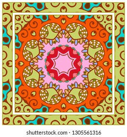  Hand drawn artistic background. Seamless pattern with ornate frame border, doodle floral ornament. Bandana shawl, tablecloth fabric print, silk neck scarf, kerchief design. Vector illustration