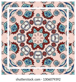  Hand drawn artistic background. Seamless pattern with ornate frame border, doodle floral ornament. Bandana shawl, tablecloth fabric print, silk neck scarf, kerchief design. Vector illustration