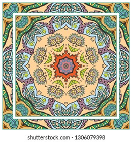  Hand drawn artistic background. Seamless pattern with ornate frame border, doodle floral ornament. Bandana shawl, tablecloth fabric print, silk neck scarf, kerchief design. Vector illustration