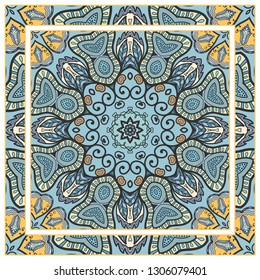  Hand drawn artistic background. Seamless pattern with ornate frame border, doodle floral ornament. Bandana shawl, tablecloth fabric print, silk neck scarf, kerchief design. Vector illustration