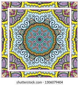  Hand drawn artistic background. Seamless pattern with ornate frame border, doodle floral ornament. Bandana shawl, tablecloth fabric print, silk neck scarf, kerchief design. Vector illustration