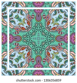  Hand drawn artistic background. Seamless mandala pattern and ornate frame border, doodle floral ornament. Bandana shawl, tablecloth fabric print, silk neck scarf, kerchief design. Vector illustration