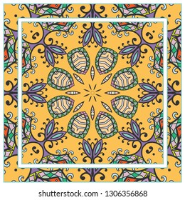  Hand drawn artistic background. Seamless mandala pattern and ornate frame border, doodle floral ornament. Bandana shawl, tablecloth fabric print, silk neck scarf, kerchief design. Vector illustration