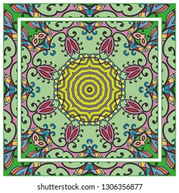  Hand drawn artistic background. Seamless mandala pattern and ornate frame border, doodle floral ornament. Bandana shawl, tablecloth fabric print, silk neck scarf, kerchief design. Vector illustration