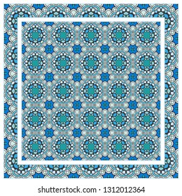  Hand drawn artistic background. Seamless pattern with ornate frame border, doodle floral ornament. Bandana shawl, tablecloth fabric print, silk neck scarf, kerchief design. Vector illustration