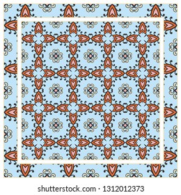  Hand drawn artistic background. Seamless pattern with ornate frame border, doodle floral ornament. Bandana shawl, tablecloth fabric print, silk neck scarf, kerchief design. Vector illustration