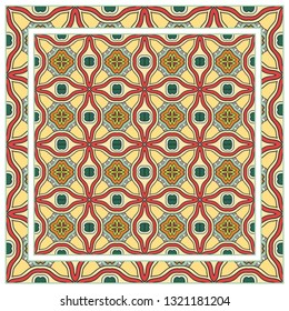 Hand drawn artistic background. Seamless pattern with ornate frame border, doodle  geometric ornament. Bandana shawl, tablecloth fabric print, silk neck scarf, kerchief design. Vector illustration