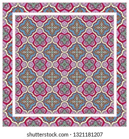  Hand drawn artistic background. Seamless pattern with ornate frame border, doodle  geometric ornament. Bandana shawl, tablecloth fabric print, silk neck scarf, kerchief design. Vector illustration