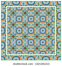  Hand drawn artistic background. Seamless pattern with ornate frame border, doodle  geometric ornament. Bandana shawl, tablecloth fabric print, silk neck scarf, kerchief design. Vector illustration